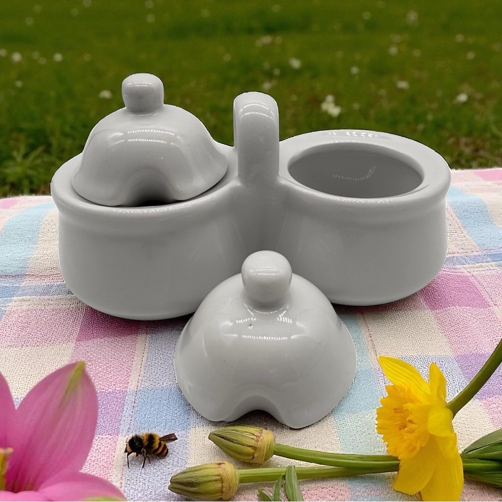Vintage Houston Harvest Double Condiment Server White Ceramic Jam Jelly Pots/Lid